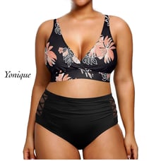 Yonique Black Coral Floral High Waisted Plus Size Bikini Swimwear NWT Size 12W