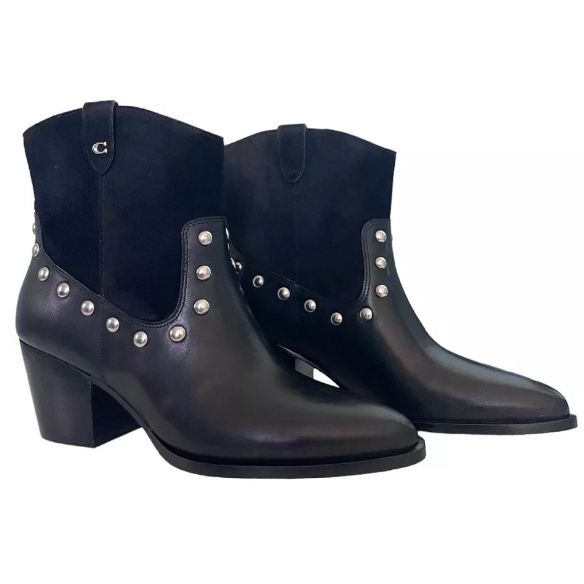COACH Pauline Leather Suede Bootie Black 9.5 B Womens studded western ankle boot