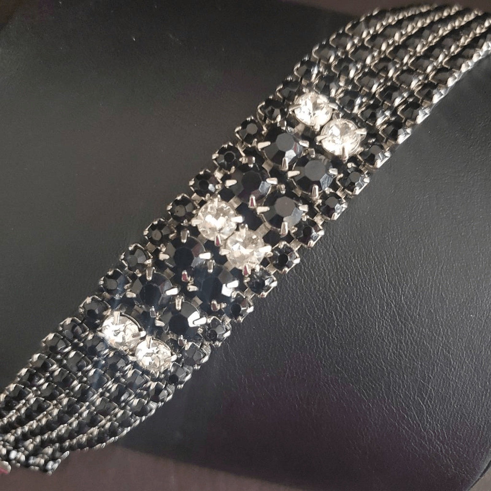 Weiss Vintage Black Icy Rhinestone Bracelet Silver Tone Black & Clear Crystals