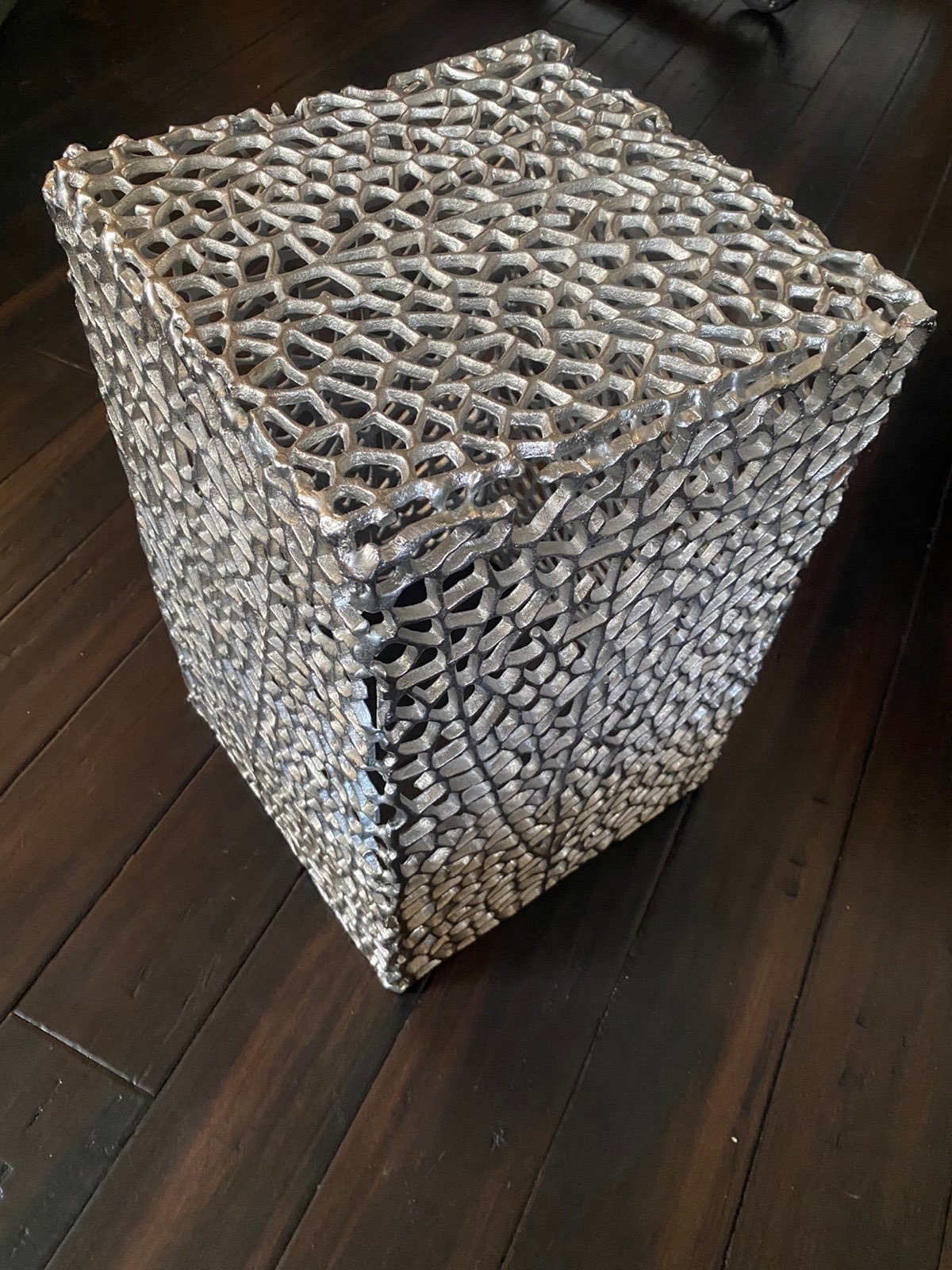 Modern Handcrafted Aluminum Mesh Accent Table, Nickel Antique art . Measures 19”