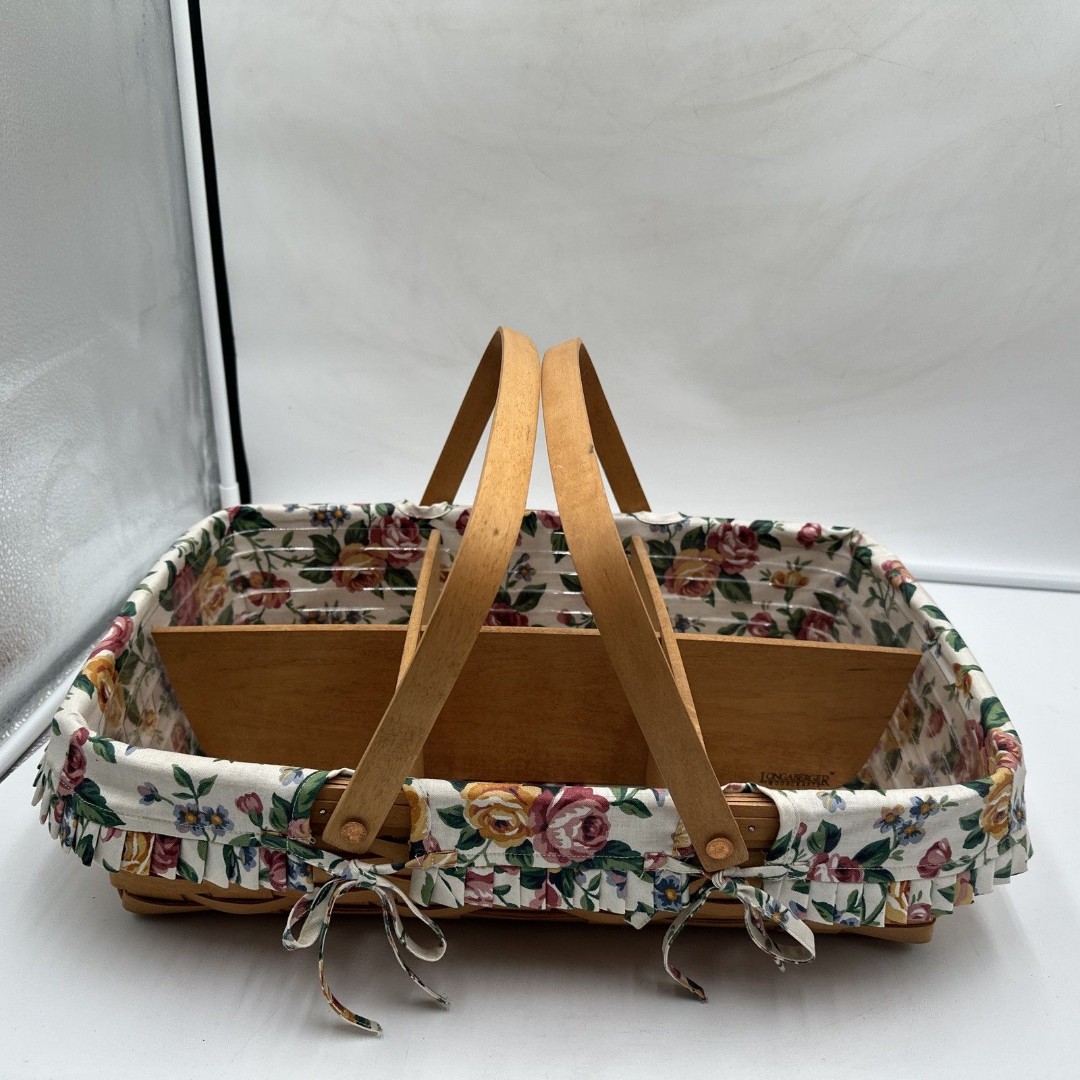 Longaberger Large Gathering Basket w/ 6 Wood Divider Floral liner Plastic Protec