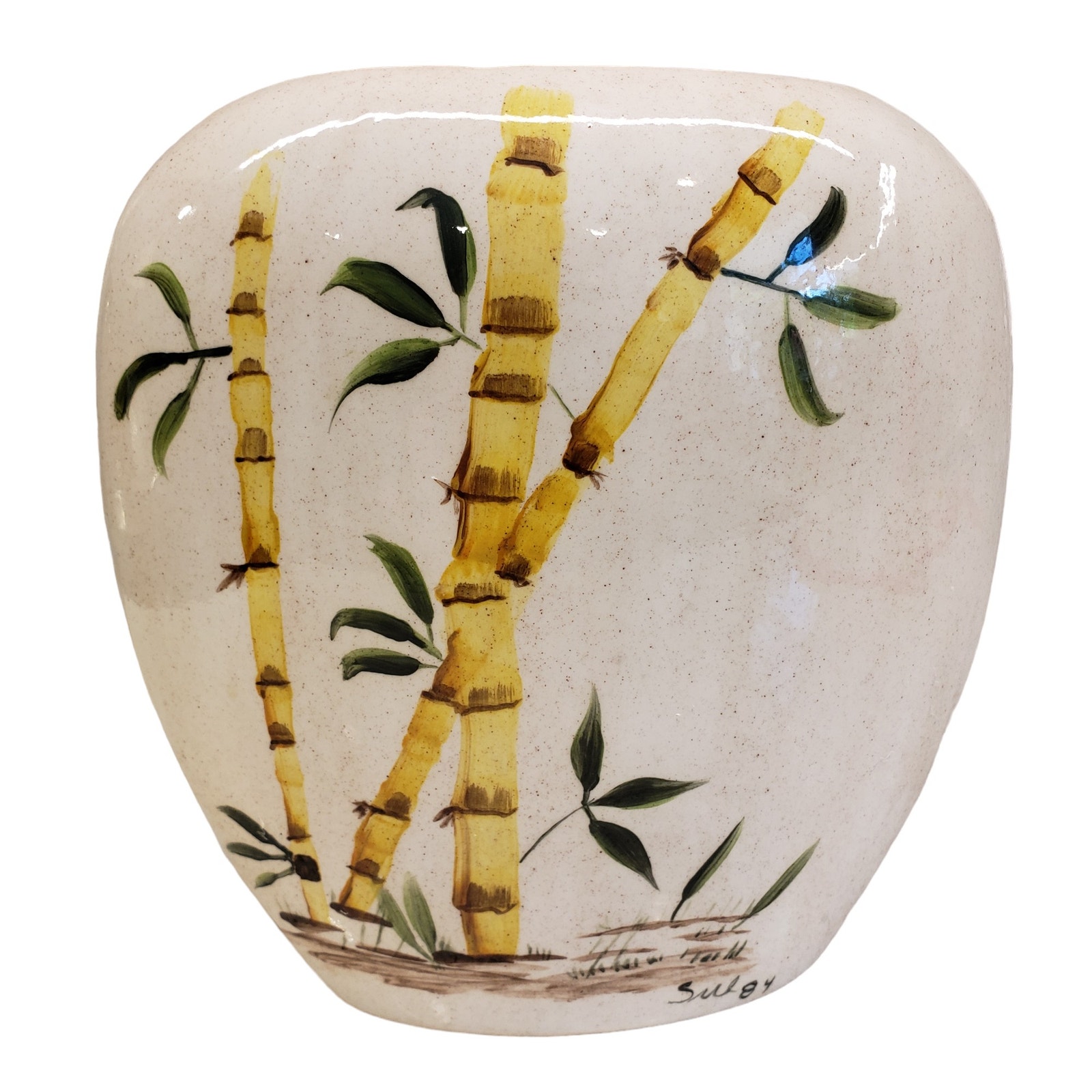 Vintage Hand Painted Bamboo Vase Signed 1984 Rare Vintage Vase Clay Pottery