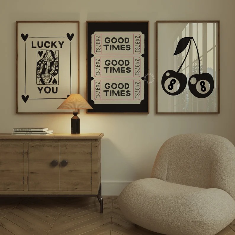 Set Of 3 Poster Cherry Lucky You Trendy Wall Art Prints