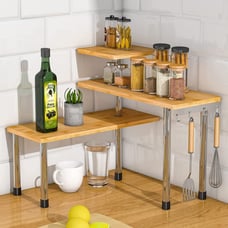 3-Tier Countertop Corner Shelf with Hook- Bamboo, 7 x26 x15