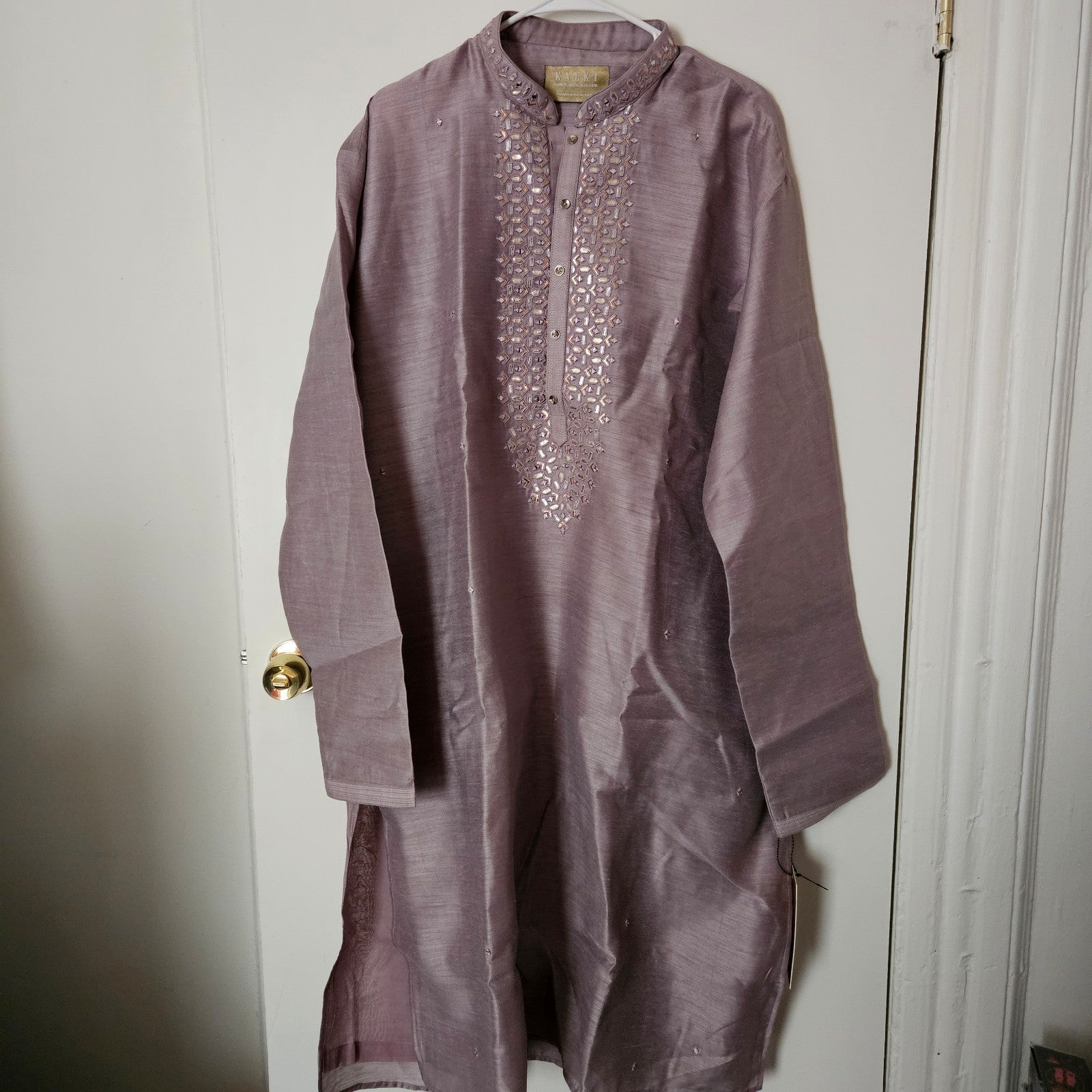 Men's Lavender Purple Embroidered Kurta Suit and Churidar Pant Set Size 46