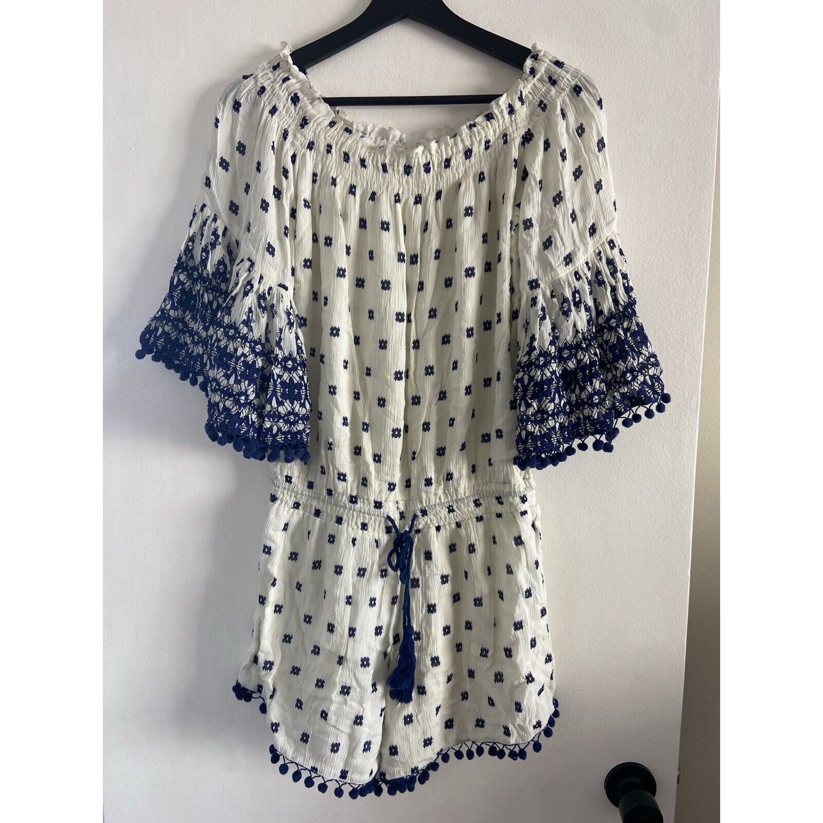 Anthropologie RAGA romper NWT Size S Blue And White Pom Pom Boho Off Shoulders