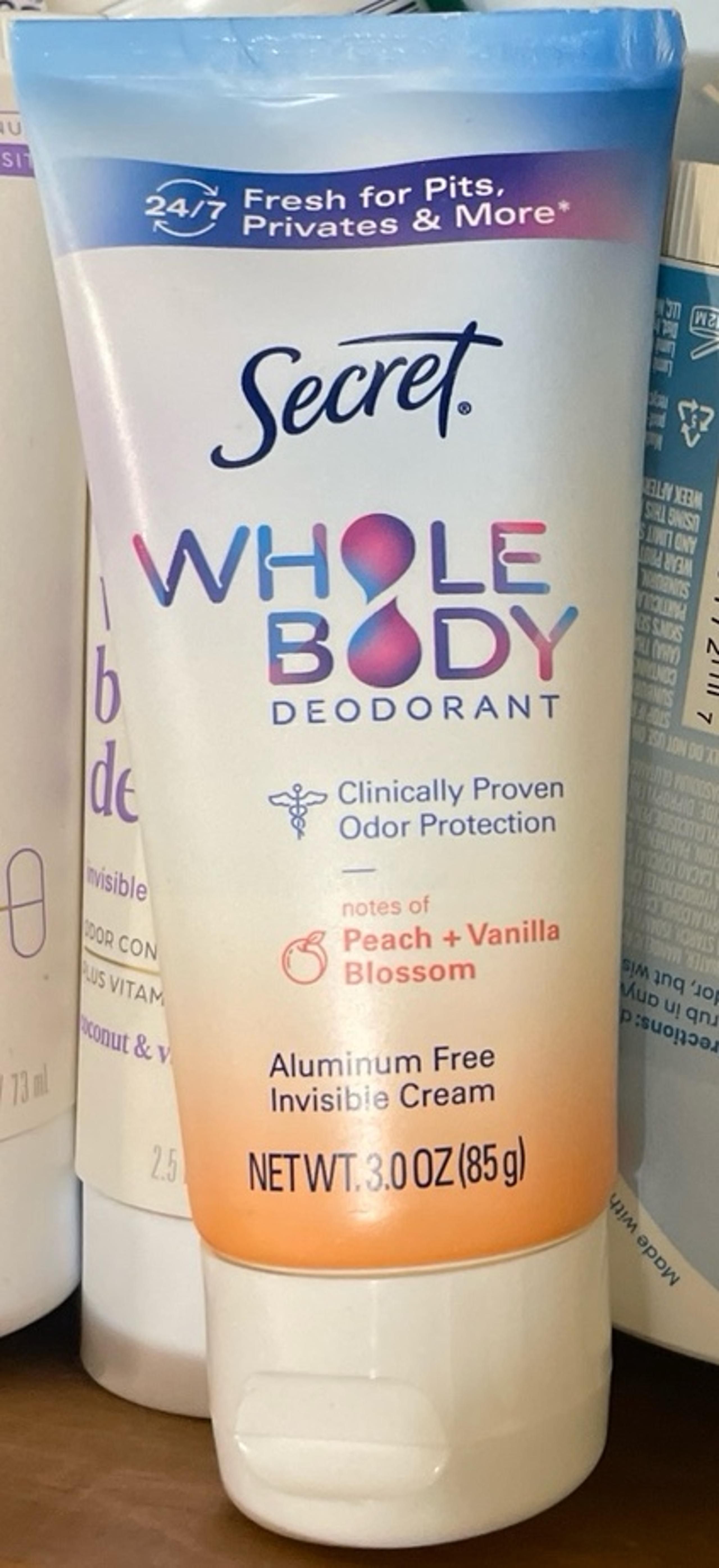 Secret whole Body Deodorant invisible cream peach+vanilla blossom 3oz