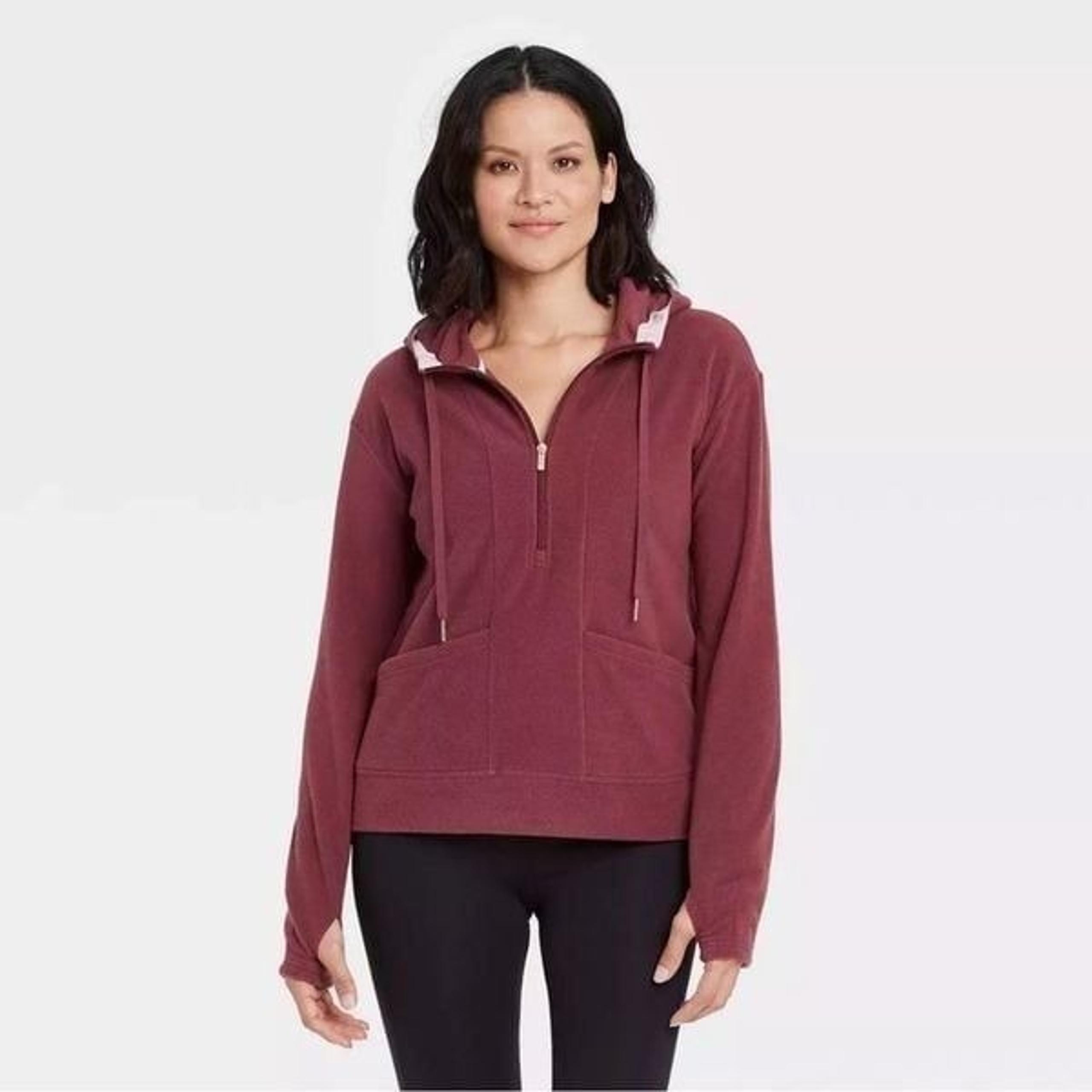 Microfleece Pullover Sweatshirt Small Burgundy Red Soft Hoodie Long Sleeve Top