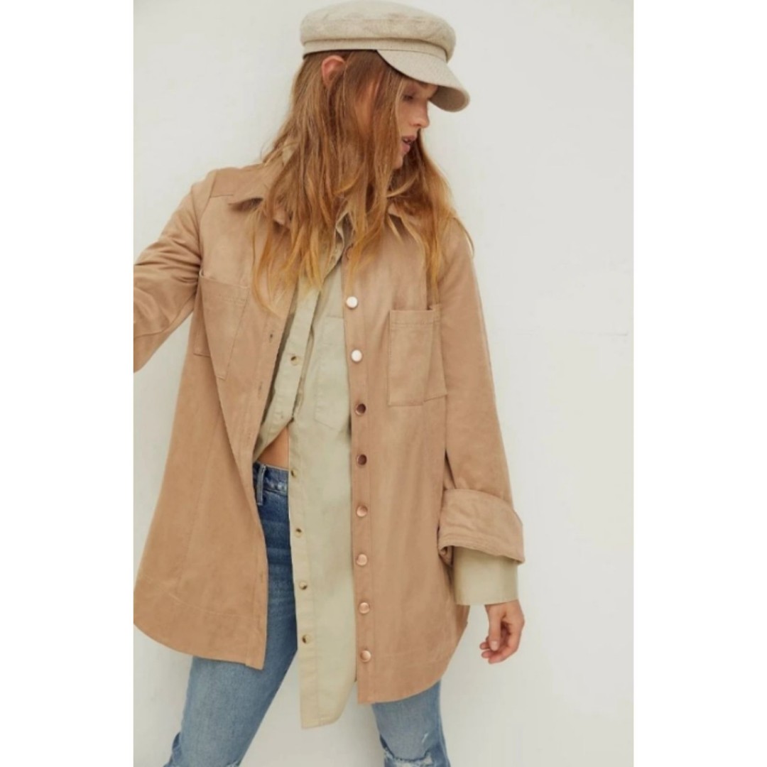 Free People Ari Faux Suede Long Shirt Dress Gold Button Front Flare Sleeve Sz XS