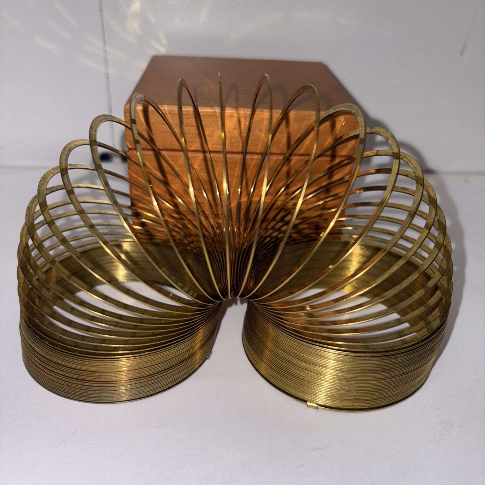 Wooden Box with Gold Toned Metal Slinky Vintage