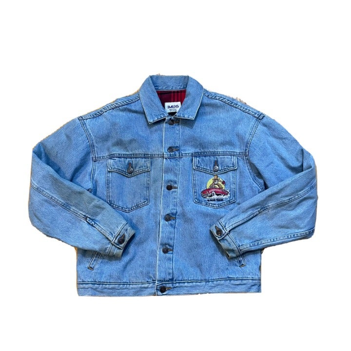 Vintage IMUS Denim Jean Jacket Coat Medium Auto Body Express Flannel Lined Texas