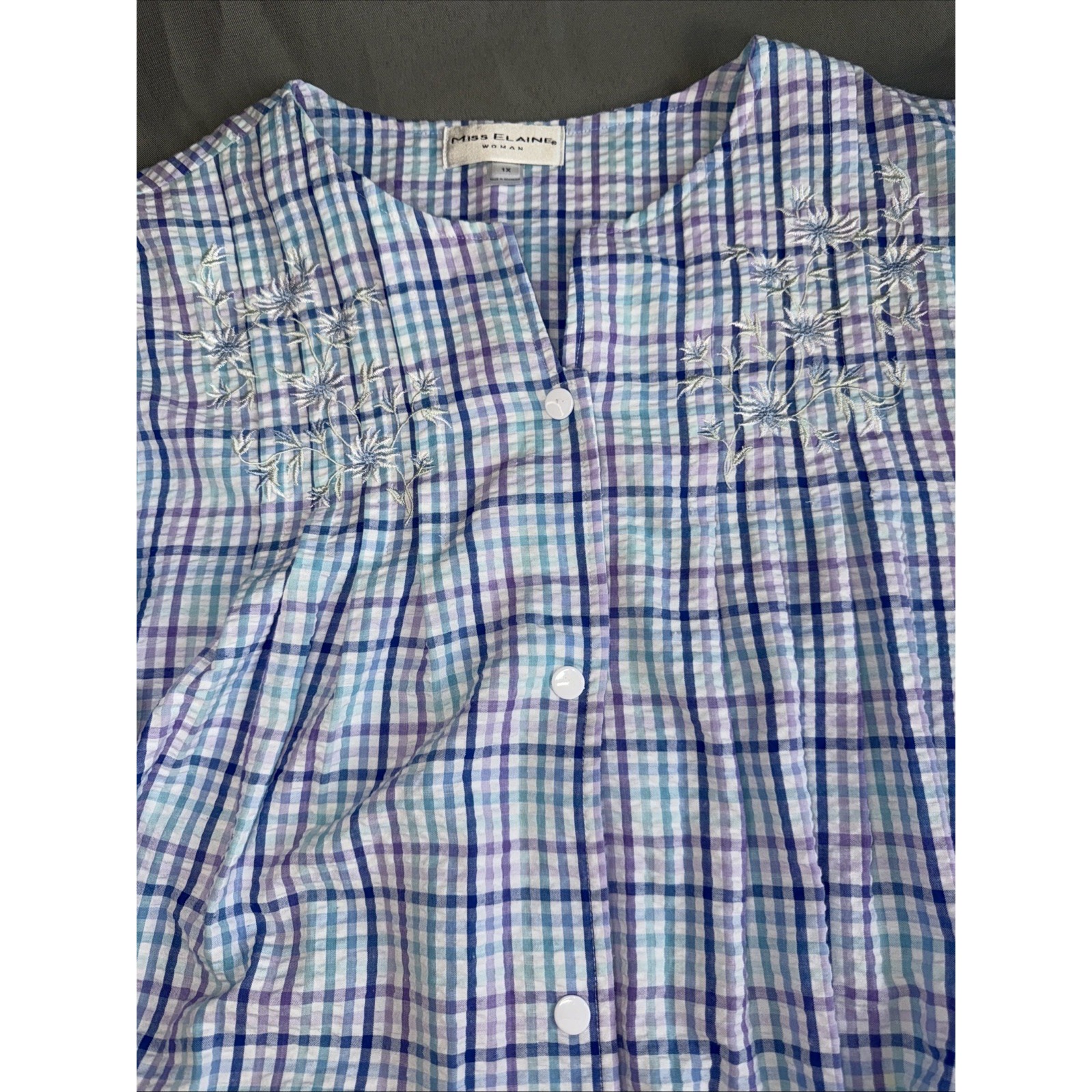 Miss Elaine Robe 1X Seersucker Short Sleeve Embroidered Blue/Purple Plaid Robe