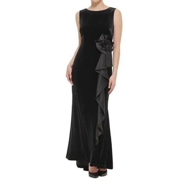 Jessica Howard Missy Women's 10 Rosette Waterfall Ruffle Gown Black Velvet NWT