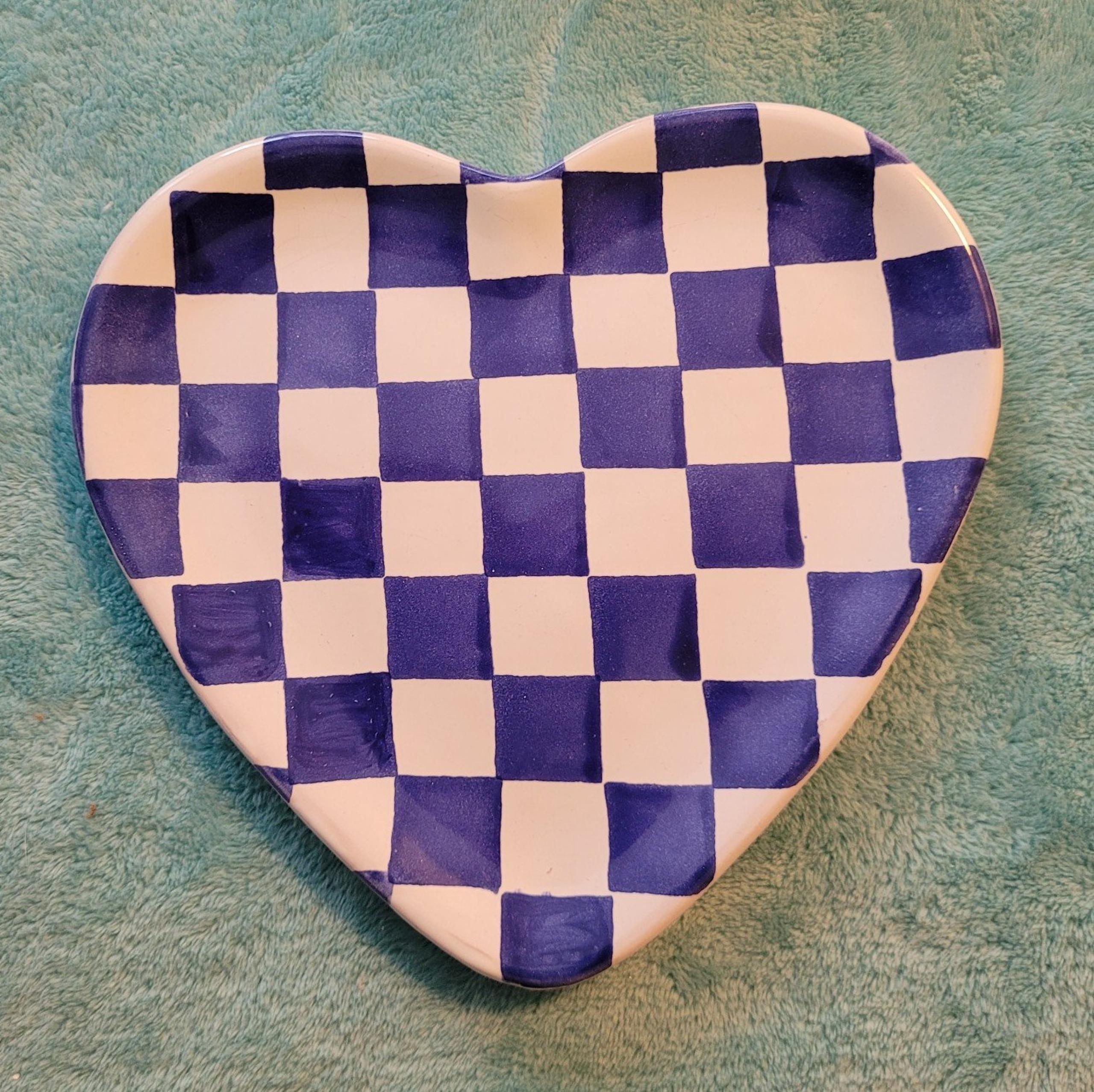 Heart dish multicolored handpainted check design purple & white vintage