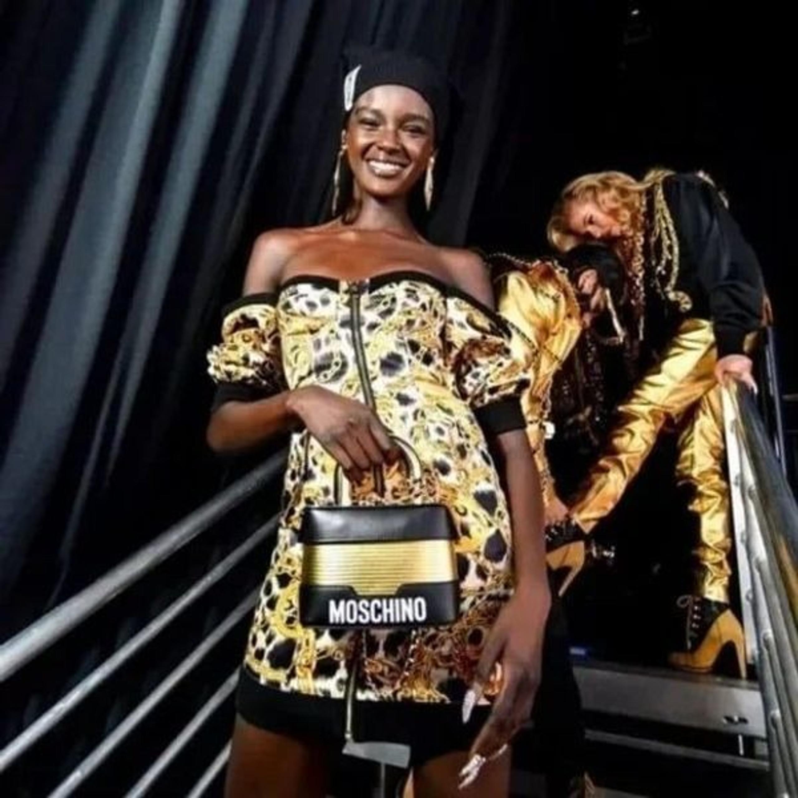 H&M x Moschino [TV] off the shoulder mini gold dress chain print size 0