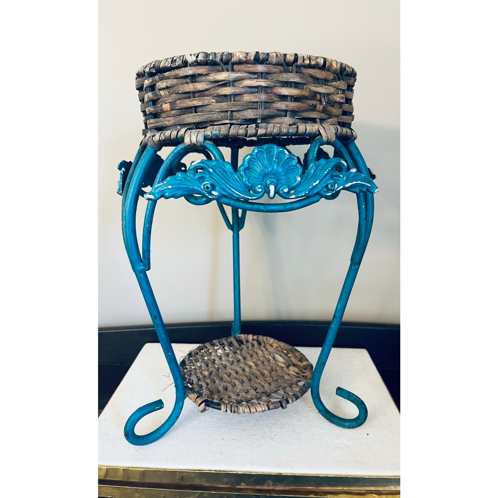 Vintage Blue Wrought Iron Wicker Plant Stand 15” top x 8” top diameter