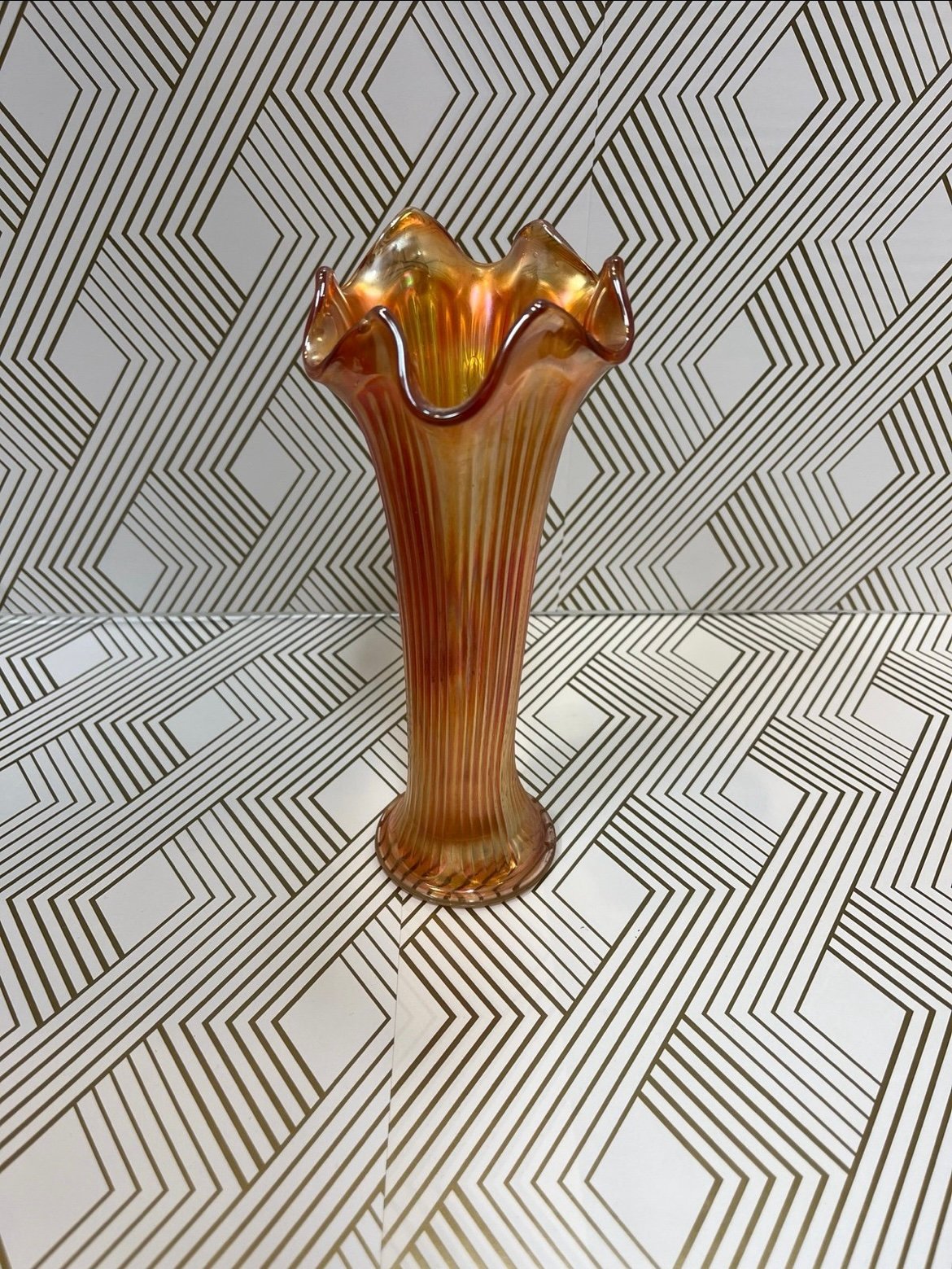 Vintage Fenton Marigold Carnival Glass Ribbed Swung Vase 9”