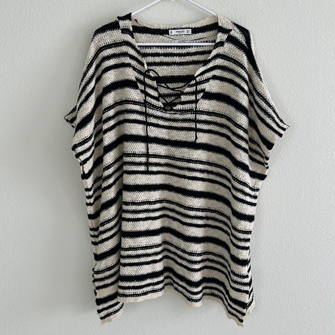 Mango Striped Lace Up Boho Knit Pancho