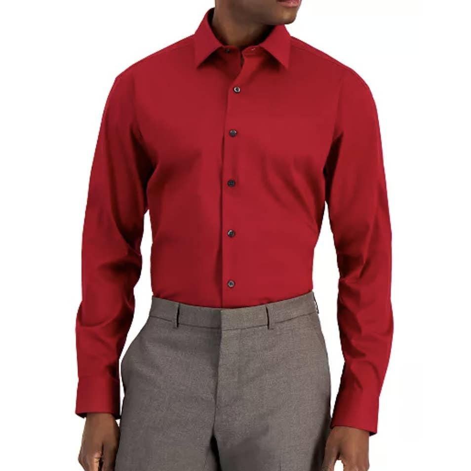Alfani Men's Regular Fit 2-Way Stretch Dress Shirt in Red, Size S