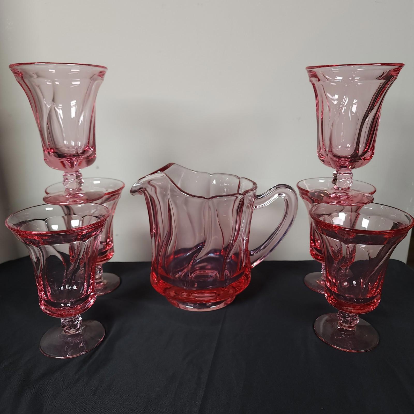 Fostoria Jamestown Pink Swirl Pitcher With Water Goblets Lot of 7 Vintage