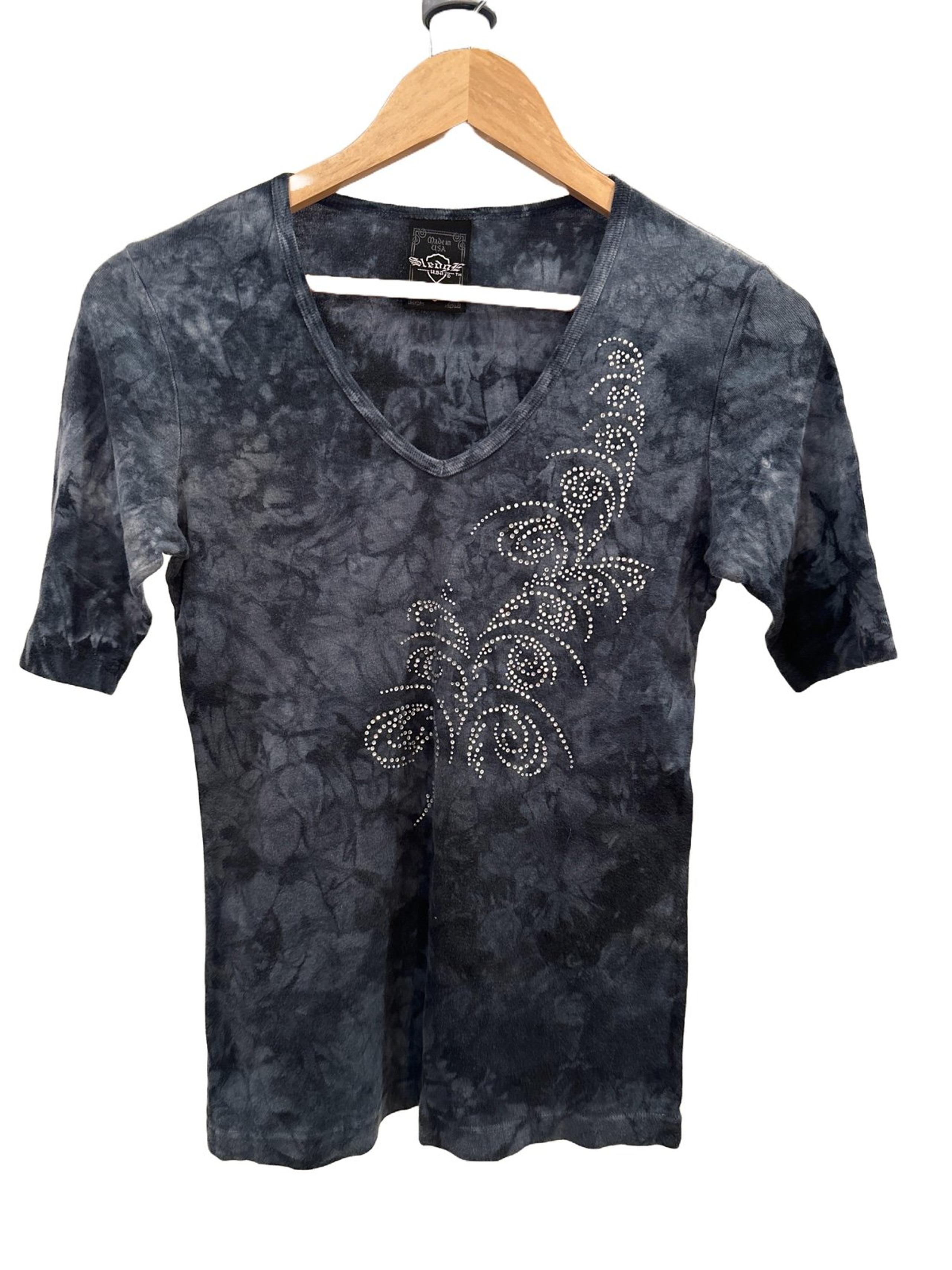 Sledge USA Womens V Neck Blue Tie Dye Shirt LA New Kind Beaded Graphic Small Y2K