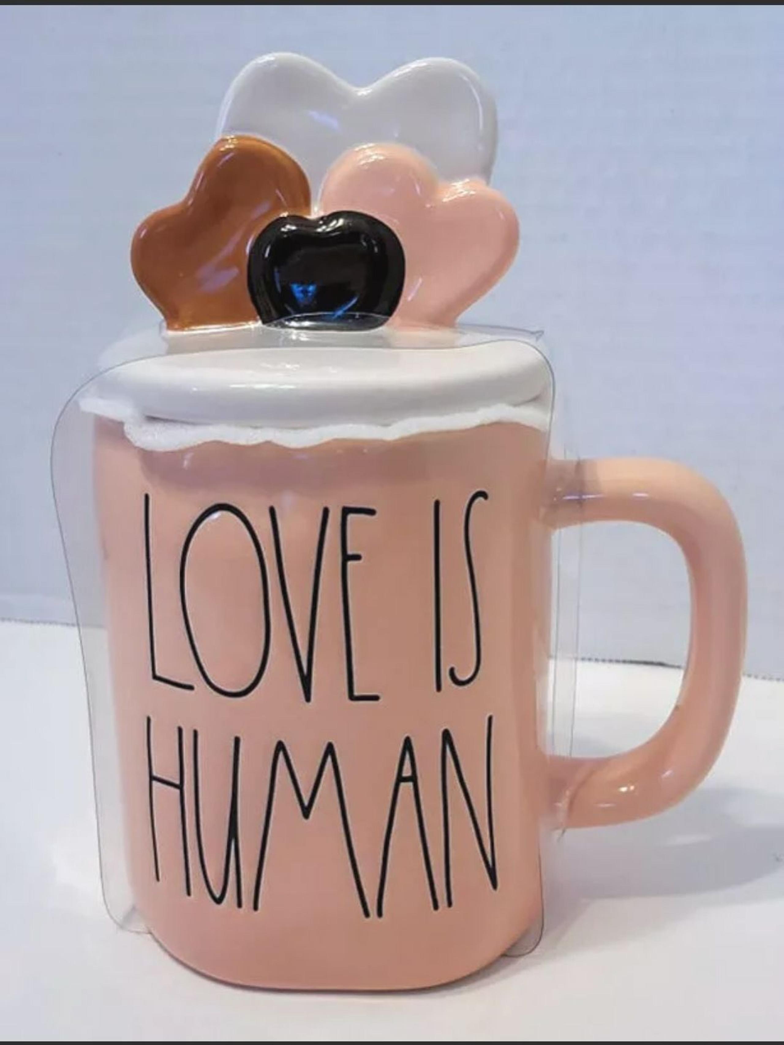 NEW Rae Dunn LOVE IS HUMAN pink Coffee Tea Mug with HEARTS topper
