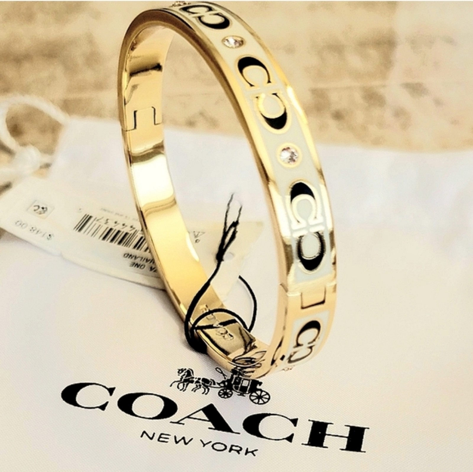 COACH Signature C Hinged Brass Plated Bangle w/ White Enamel & Glass Stones NWT