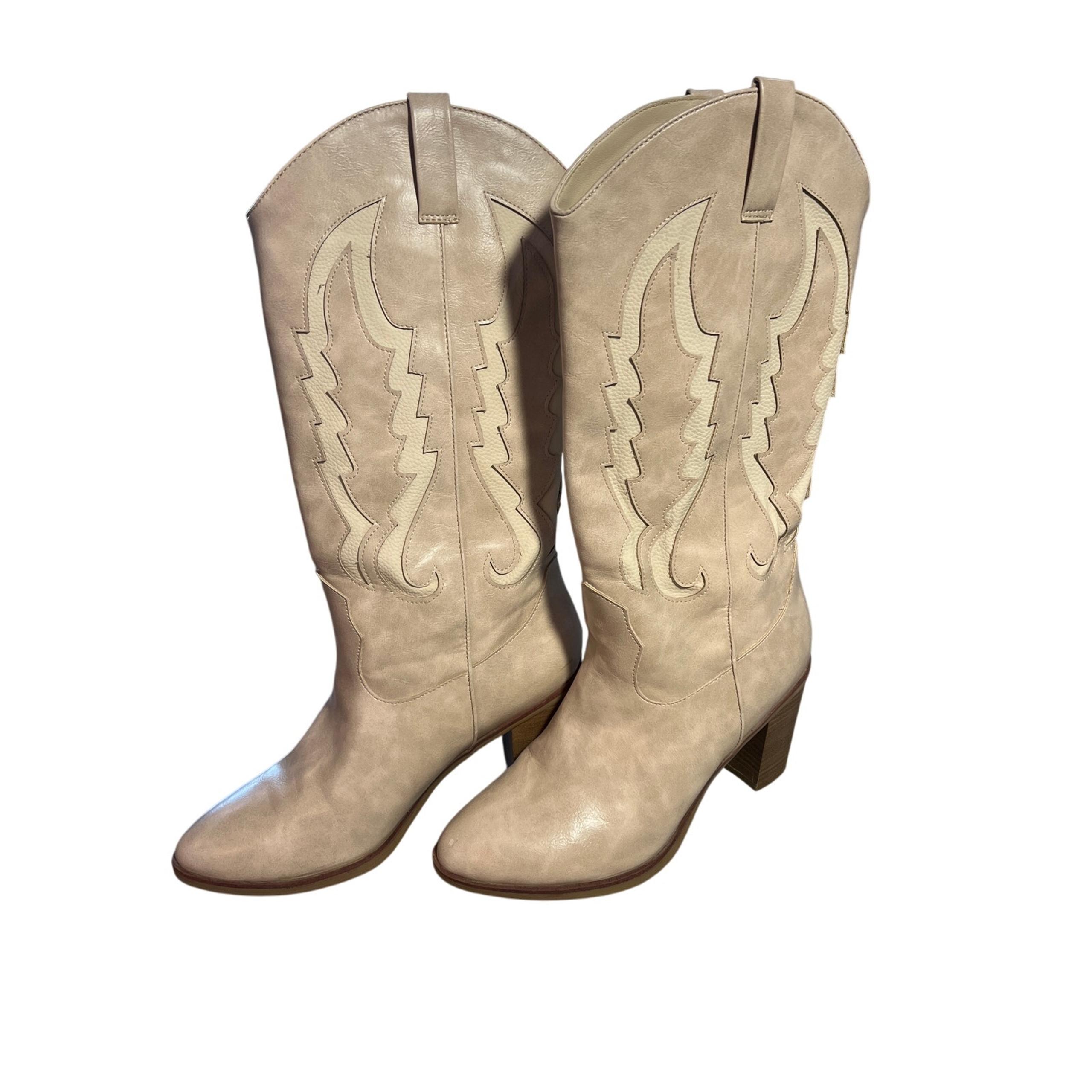 Mia Nessah Women’s Western Cowboy Boots in Size 9 Beige Color, High Block Heel