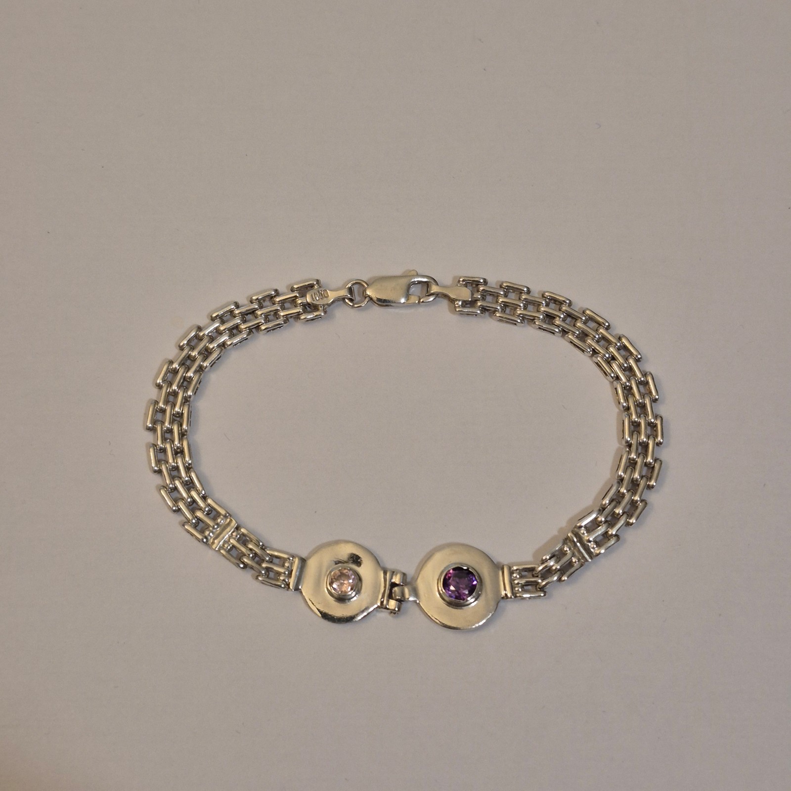 Marked 1000 Sterling Silver Panther Link Bracelet with Amethyst Stone Accents