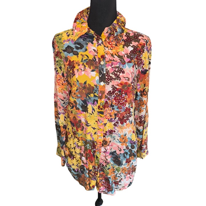 Anthropologie Figueroa & Flower Floral Button Boho Cottage Core Shirt L L/S