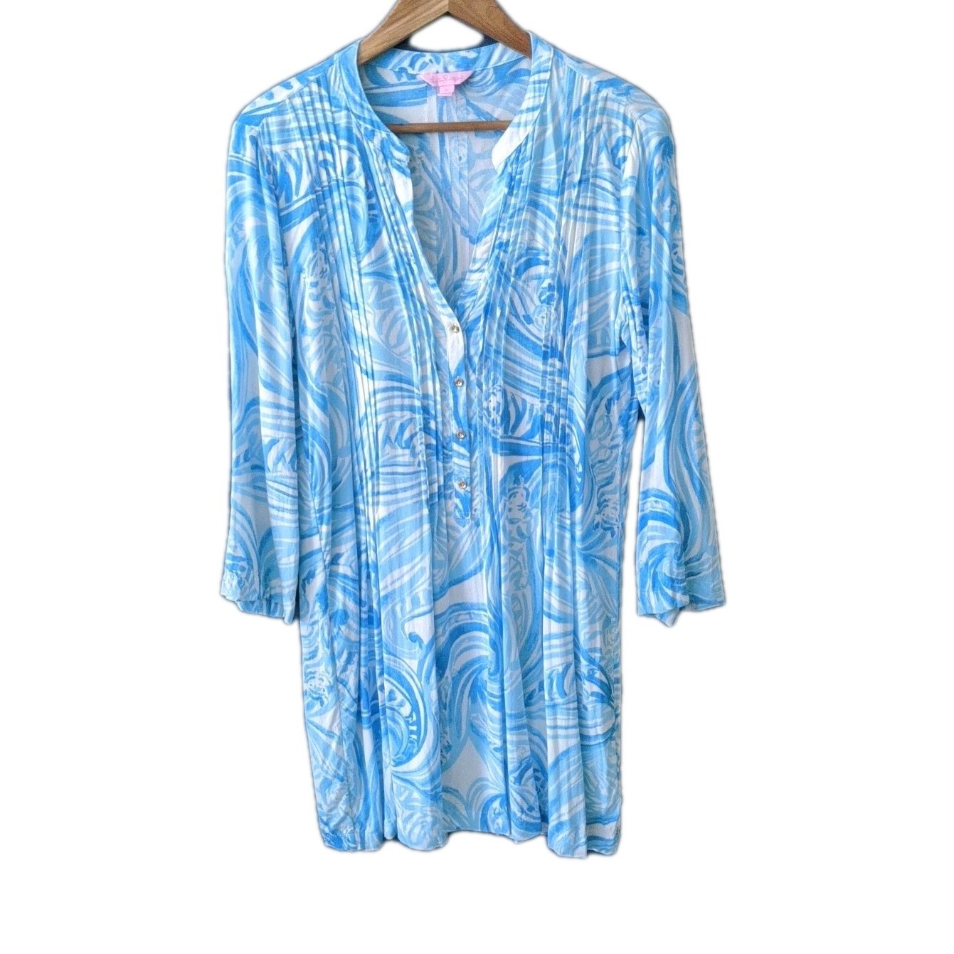 Lilly Pulitzer Sarasota Tunic Beachy Pintucked Loose-Fit Dress Size Medium Aqua