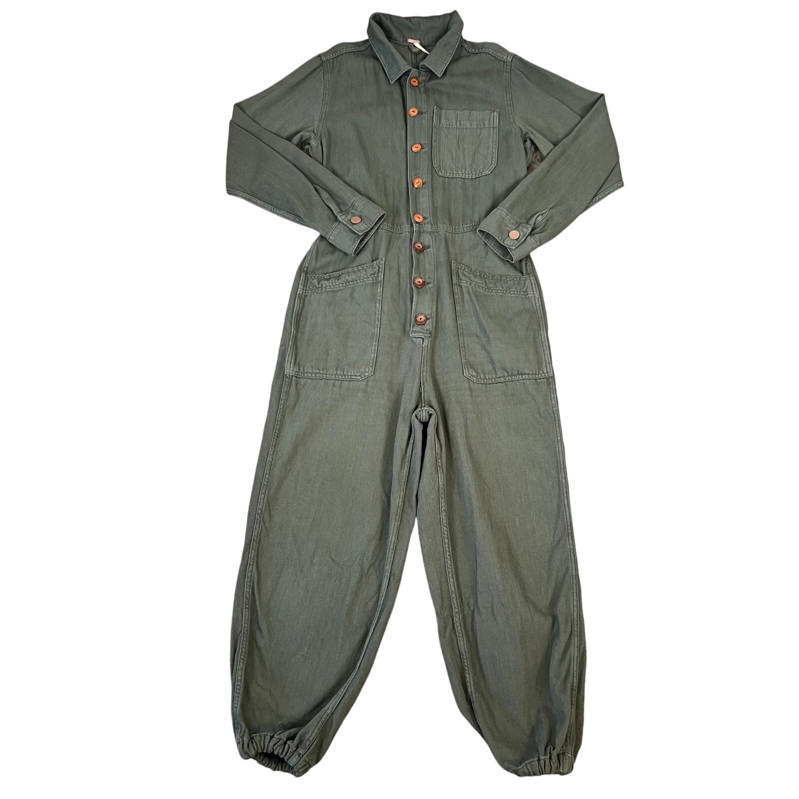 Free People Green Long Sleeve Collared Button Down Straight Leg Jumpsuit (M)