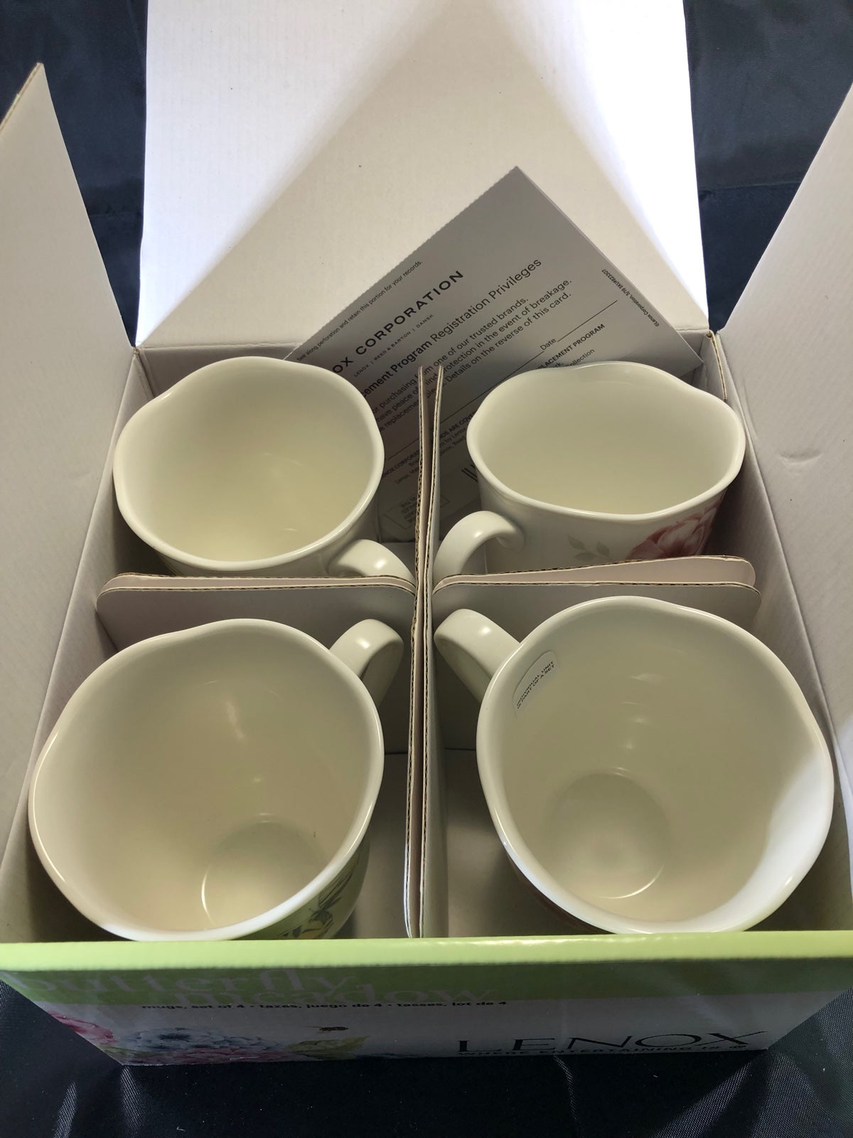 Lenox Porcelain Co. Butterfly Meadow Scalloped Mug set of 4. NEW in BOX.