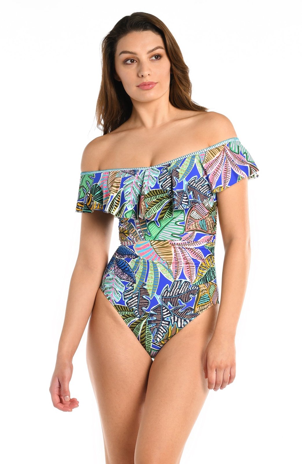 La Blanca Neon Nights Off Shoulder Ruffle One Piece Swimsuit