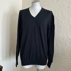 Ermenegildo Zegna Black V-Neck Ivory Trim Cotton Sweater XL
