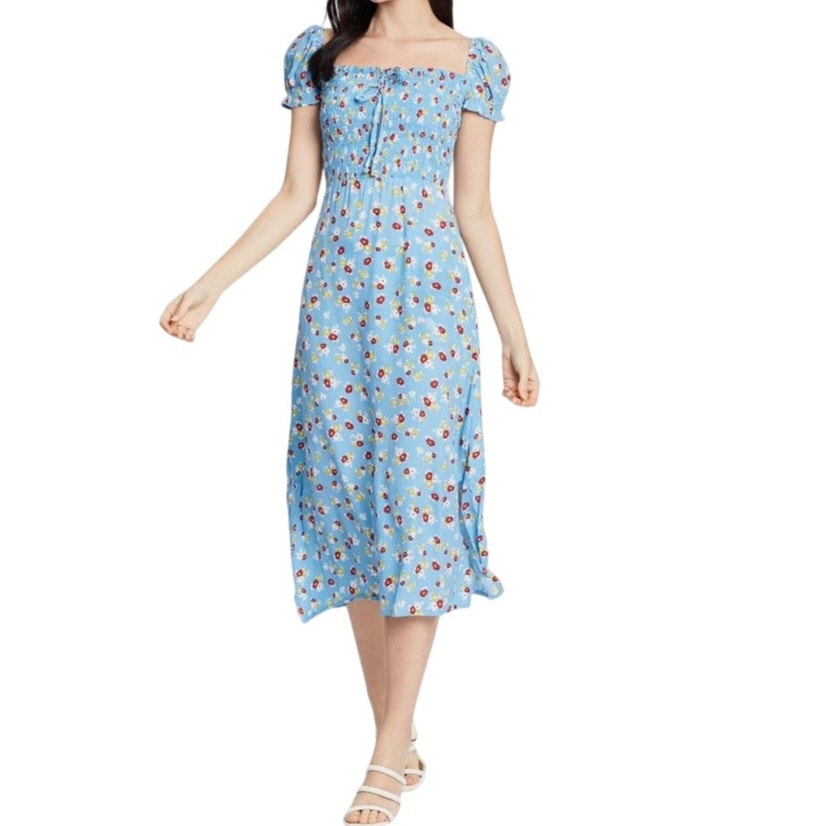 Faithful The Brand Castilo Midi Dress 6 Blue Jasmin Floral Smock Milkmaid NEW
