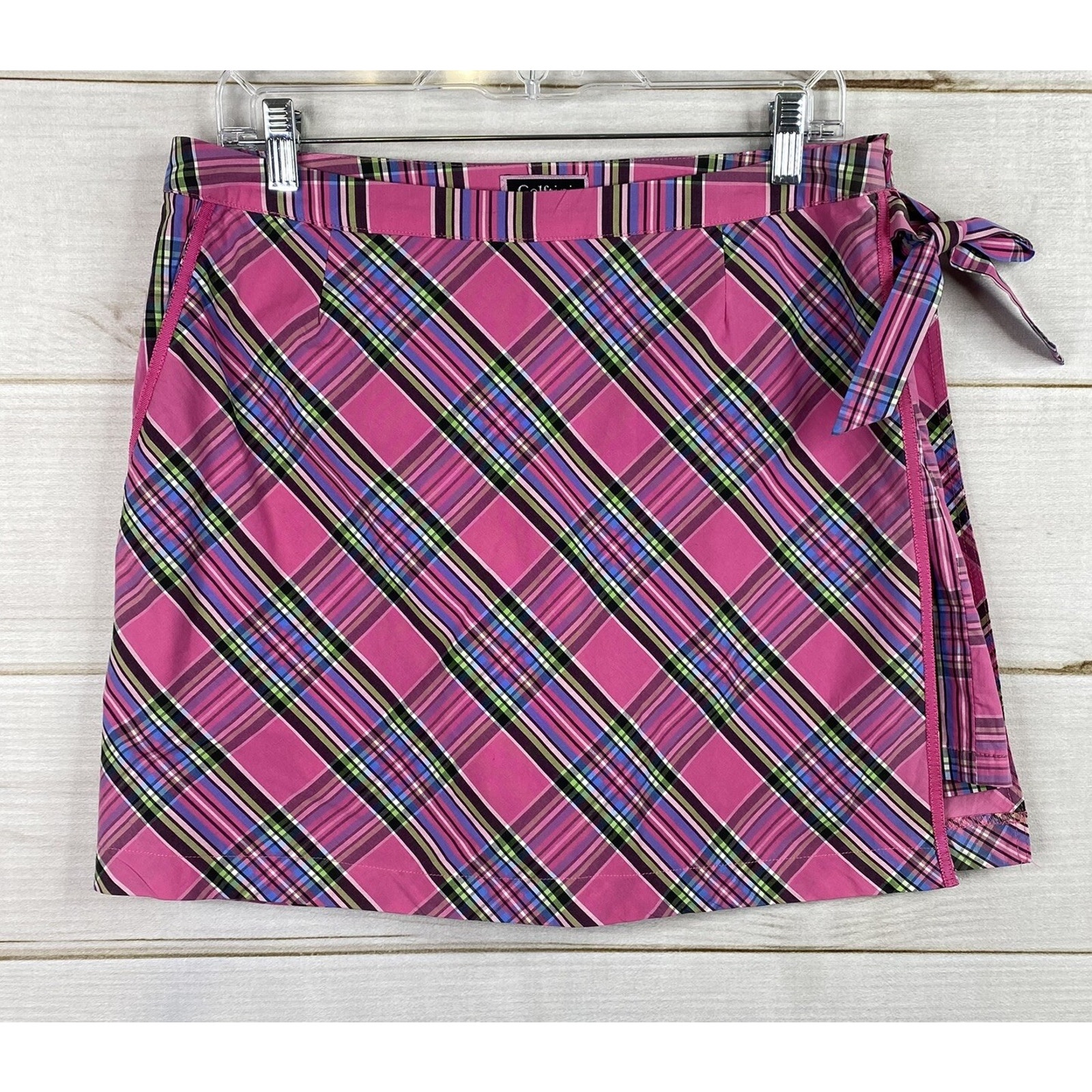 Golftini Skort Womens 10 Pink Plaid Golf Skirt/Shorts Side Tie Zip Pickleball