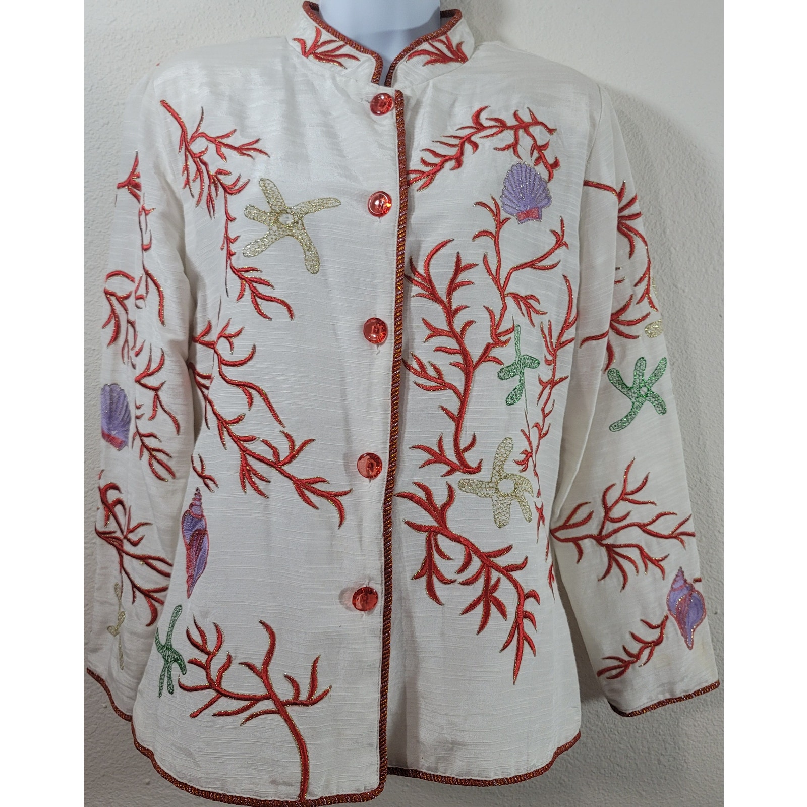 VTG Draper's & Damon's White Red Gold Metallic Embroidered Jacket XL Elegant