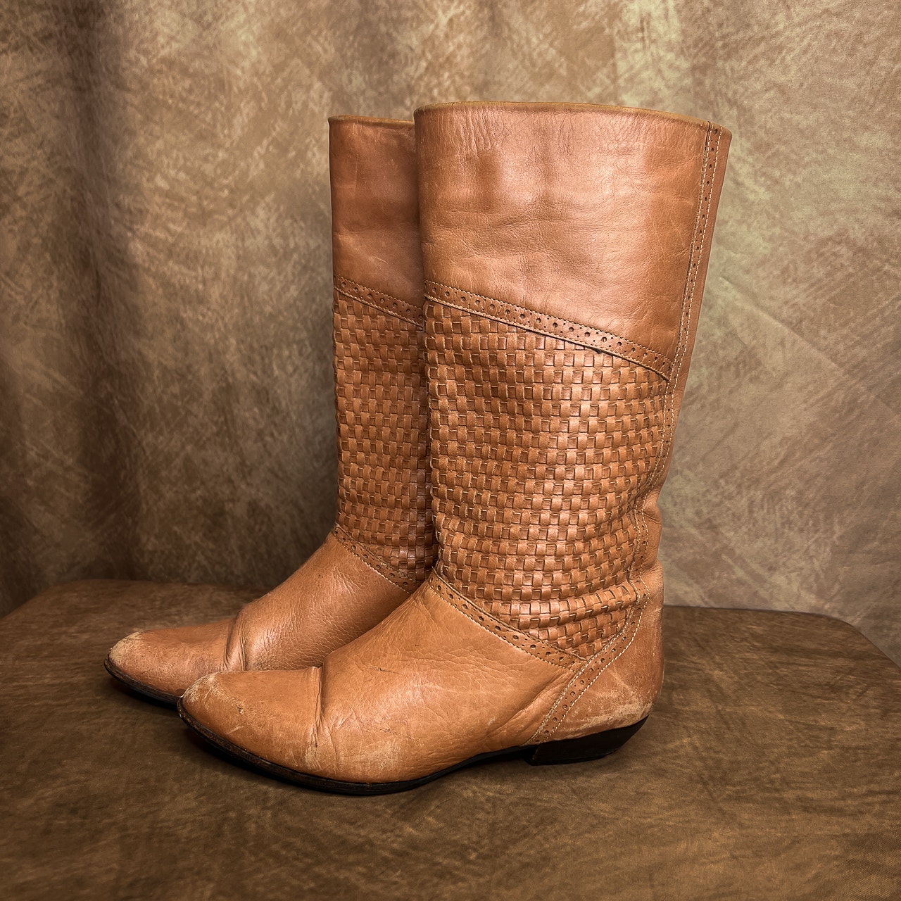 Vintage 70s Woven Leather Mid Calf Boots Tan Mini Heel Women's 7.5 Retro Western