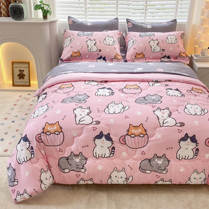 Quilt Set Four Piece Double Bed Bag Pink Cute Cartoon