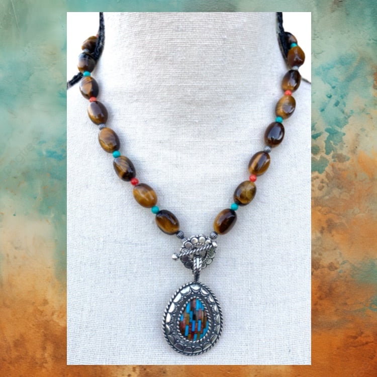 Carolyn Pollack Southwestern Silver Pendant Inlay Tigers Eye Turquoise Necklace