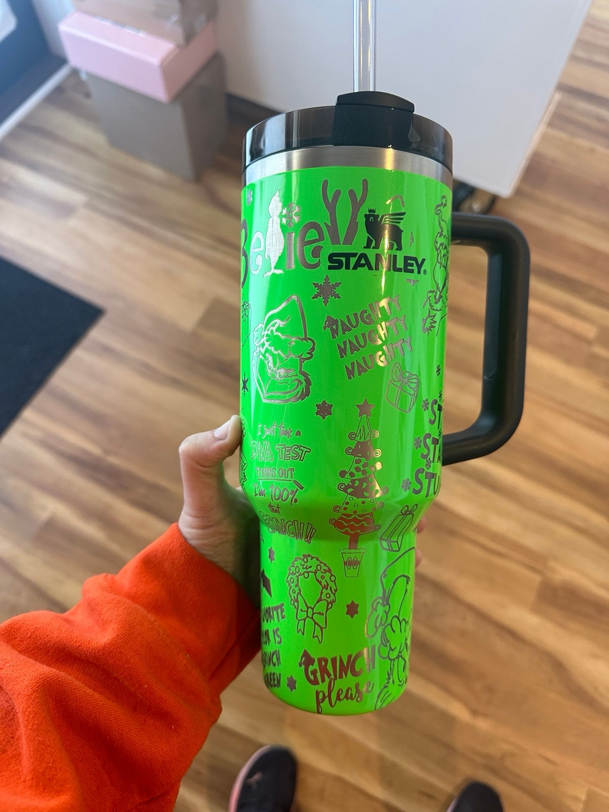 40oz Neon Green Stanley with Grinch Engraving