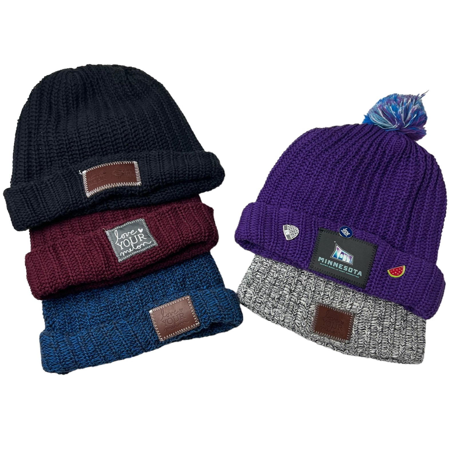5 Love Your Melon Hats Beanies Super Bowl 52 LII Crew Cap & Pins USA Made Cotton