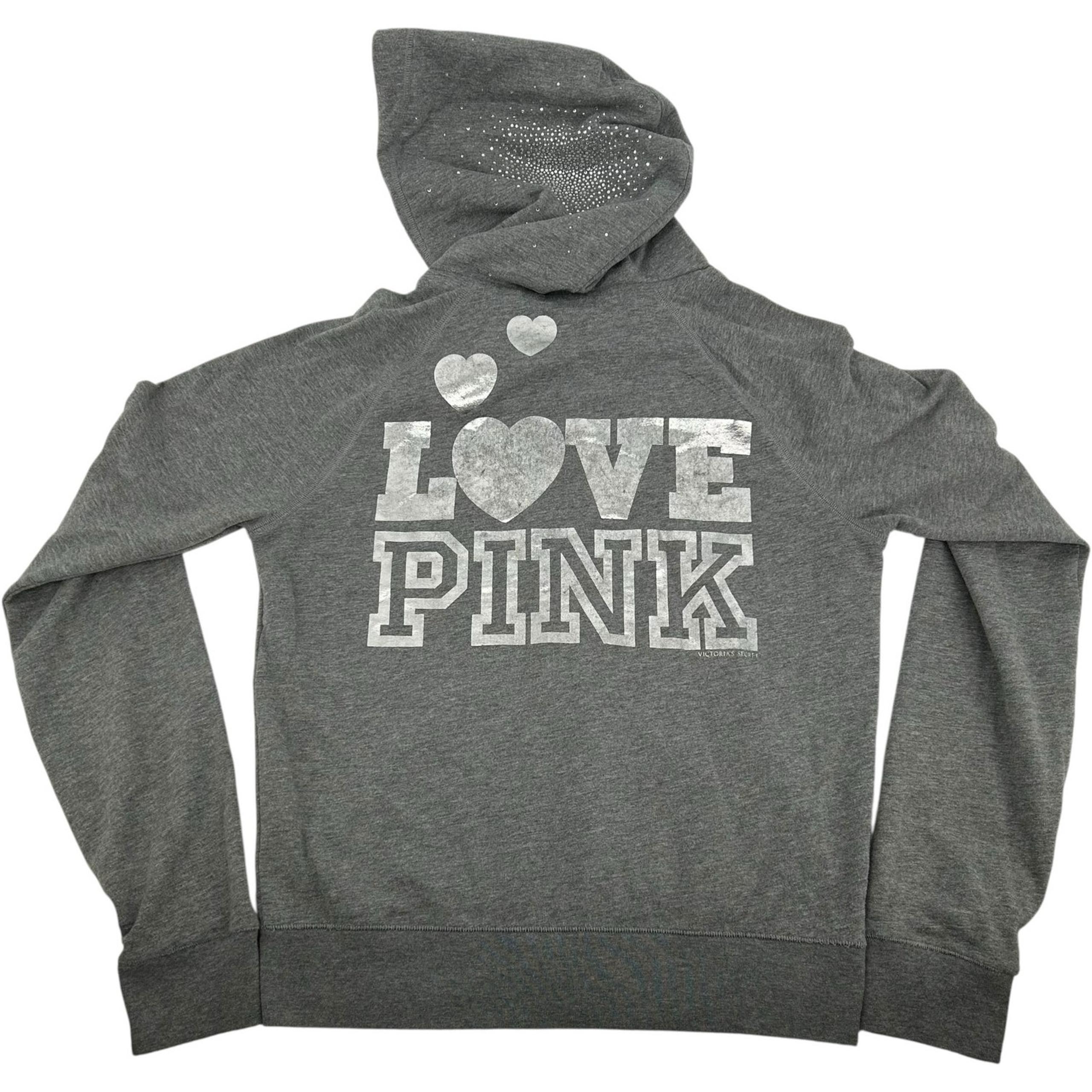 VTG y2k Women's Grey Victoria's Secret 'Love Pink' Full Zip Hoodie Sweatshirt~ L