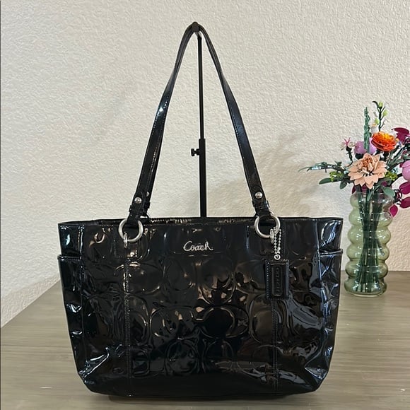 Coach F17729 East West Gallery Embossed Patent Black Leather Tote Shoulder Bag