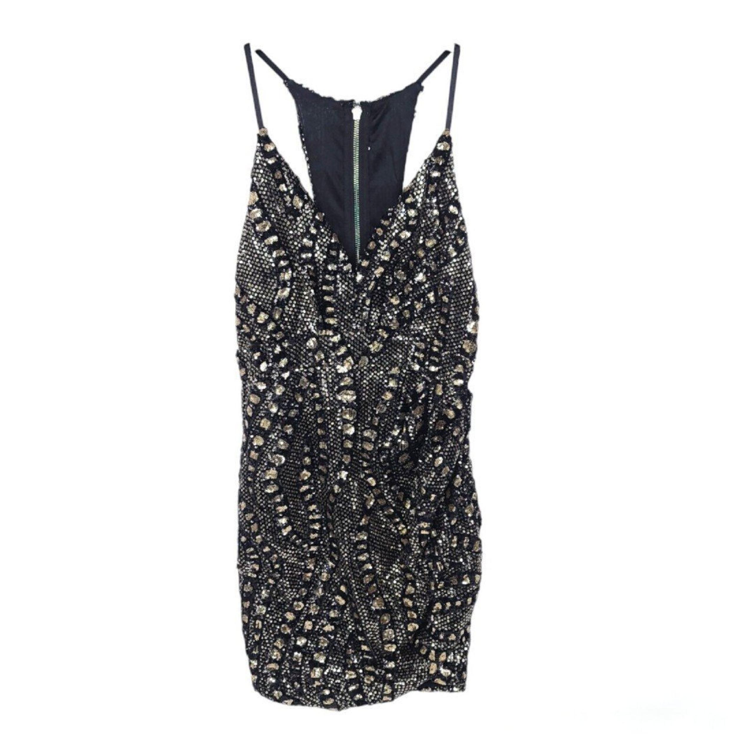 Luxxel Dress Womens Medium Sequins Mini Ruched Sleeveless Gold Black Zip Short
