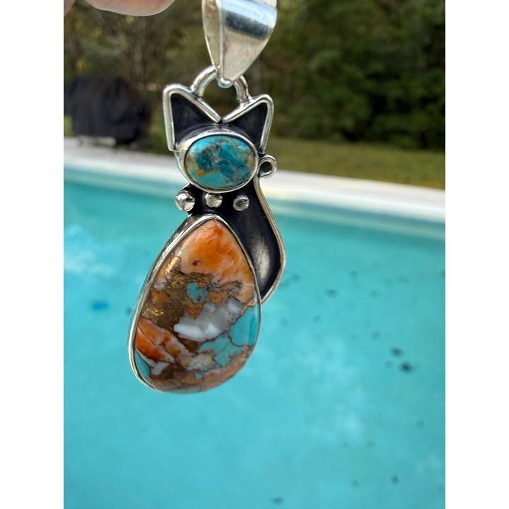 Artisan Whimsical Kitty Spiny Turquoise & Mojave Bezel SS 925 Statement Pendant