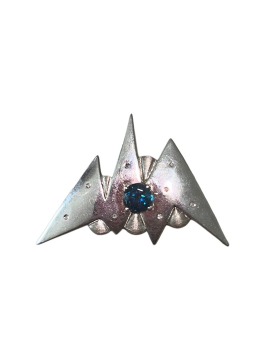 Abstract Sterling Silver Blue Topaz Prong Stone Vintage Brooch
