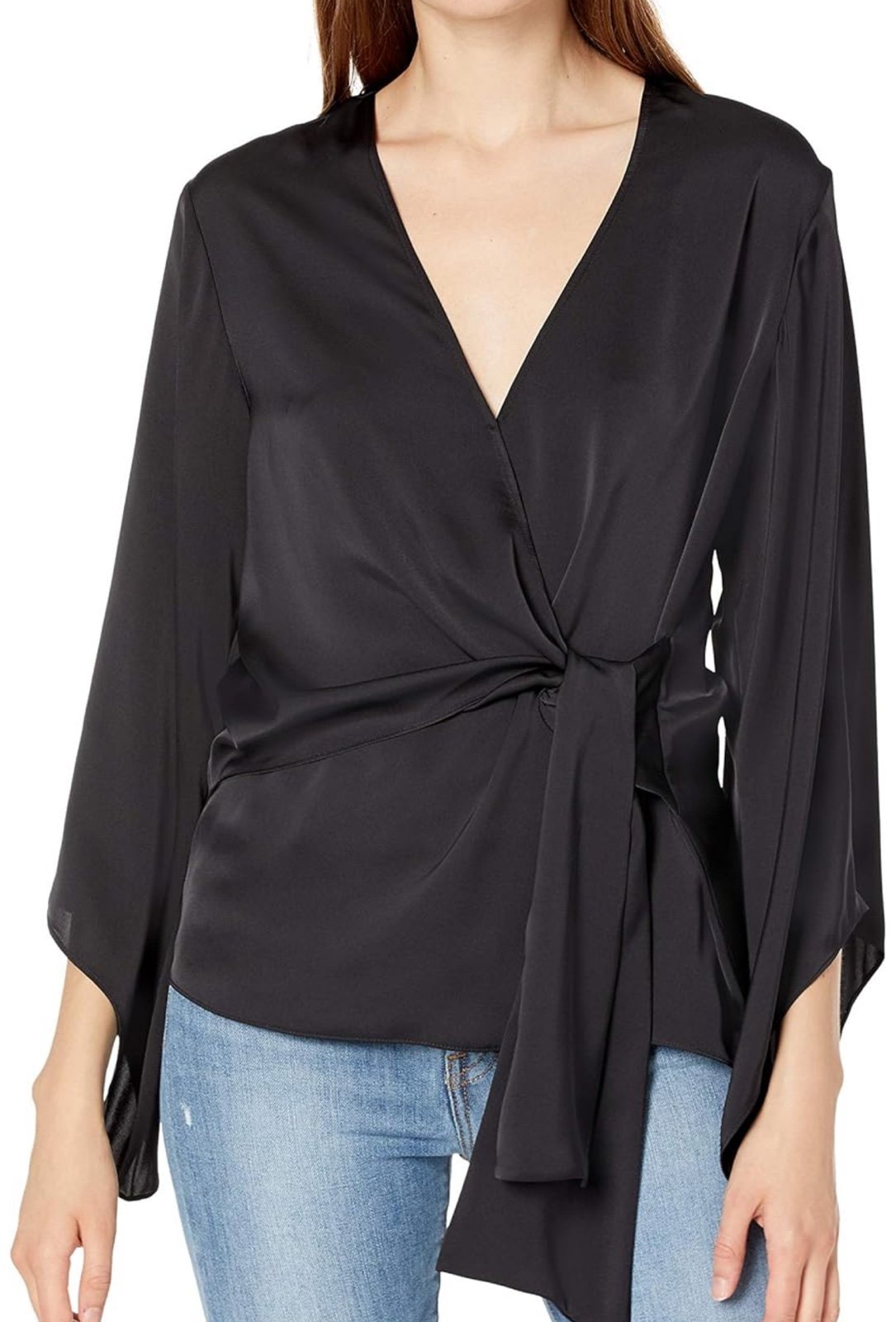 RAMY BROOK NWT Cassandra Satin Wrap Blouse In Black XXL