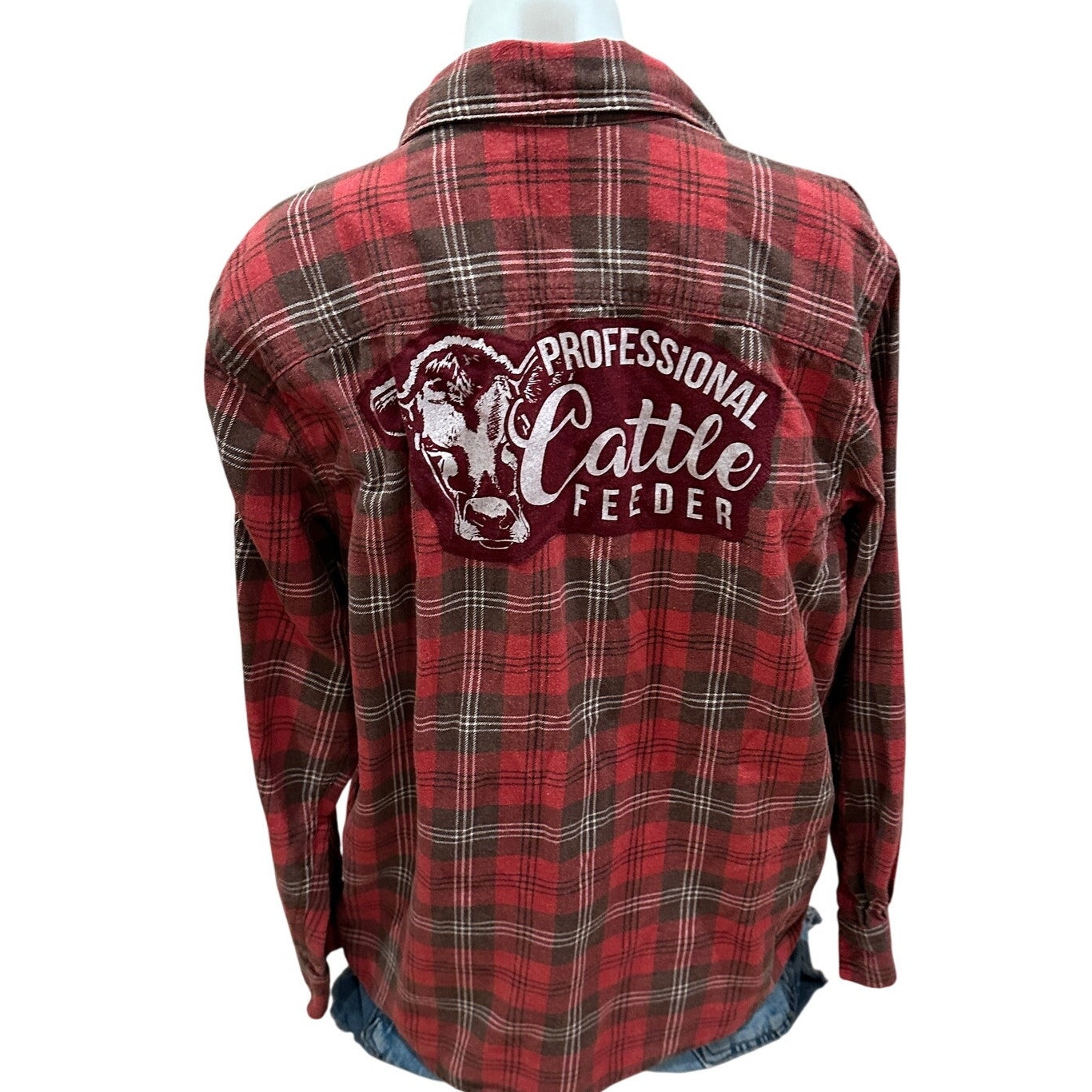 Cattle Rancher Plaid Flannel Shirt Shacket LARGE Oversize Unique Red Farm Girl